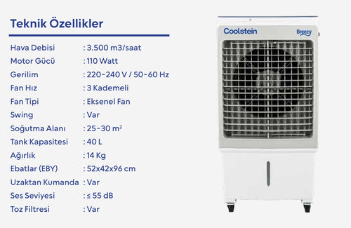Coolstein Breezy 40 Litre Sulu Klima (Evaporatif Soğutucu)