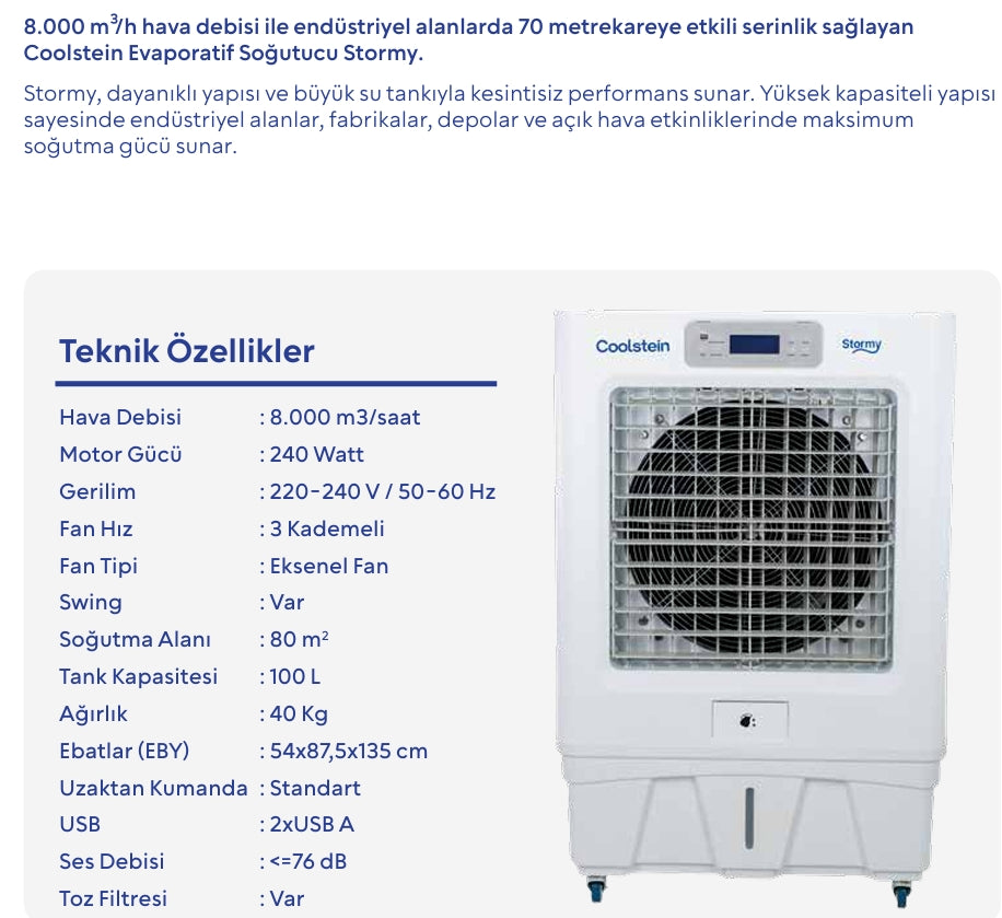 Coolstein Stormy 100 Litre Sulu Klima (Endüstriyel Evaporatif Soğutucu)